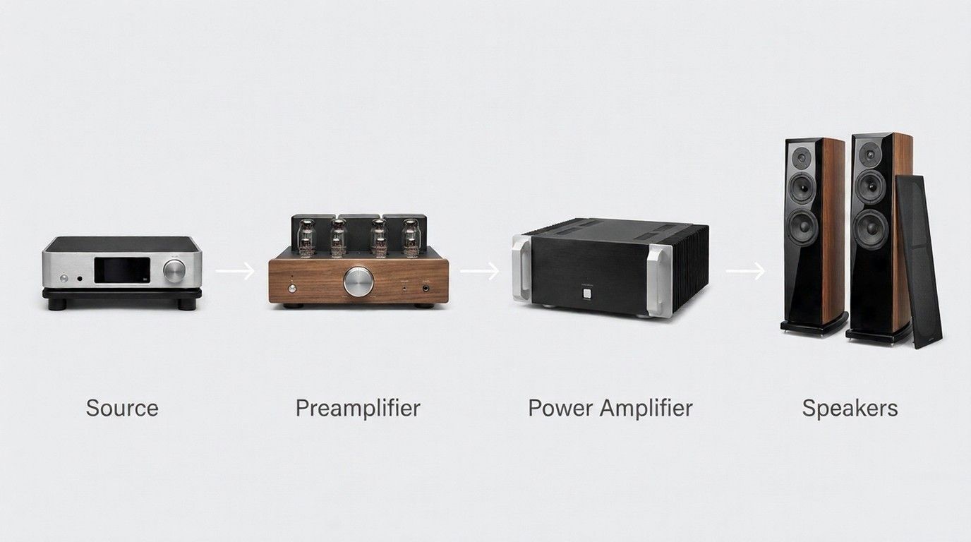 audio signal chain showing source preamplifier power amplifier and speakers