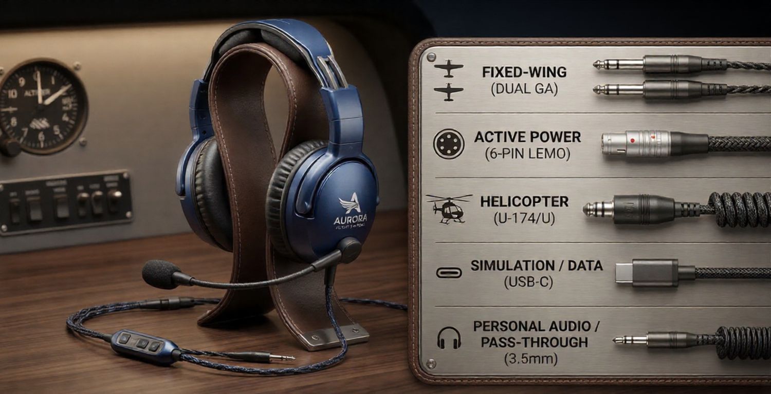 aviation headset connector types including dual GA plugs, 6-pin LEMO connector, helicopter U-174 plug, USB-C simulation cable, and 3.5mm audio jack