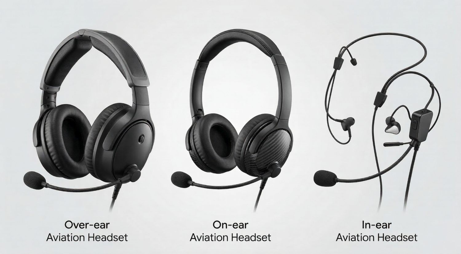 comparison of over-ear, on-ear, and in-ear aviation headset styles used by pilots