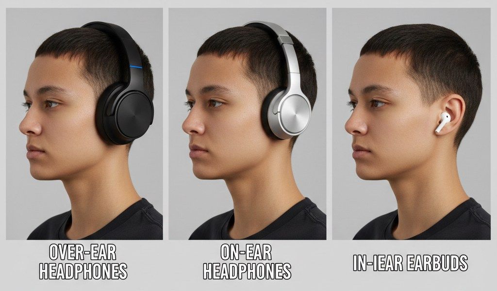 Comparison of over-ear, on-ear and in-ear headphones showing differences in fit and design