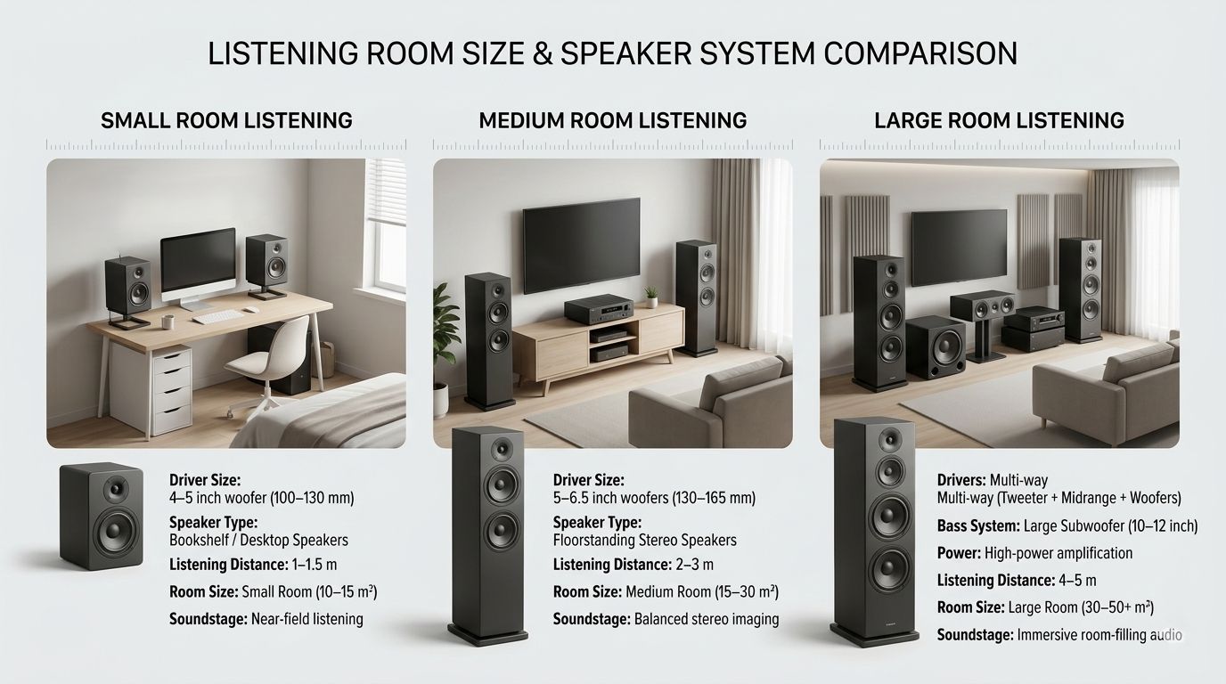 different room sizes showing suitable speaker systems for small medium and large rooms
