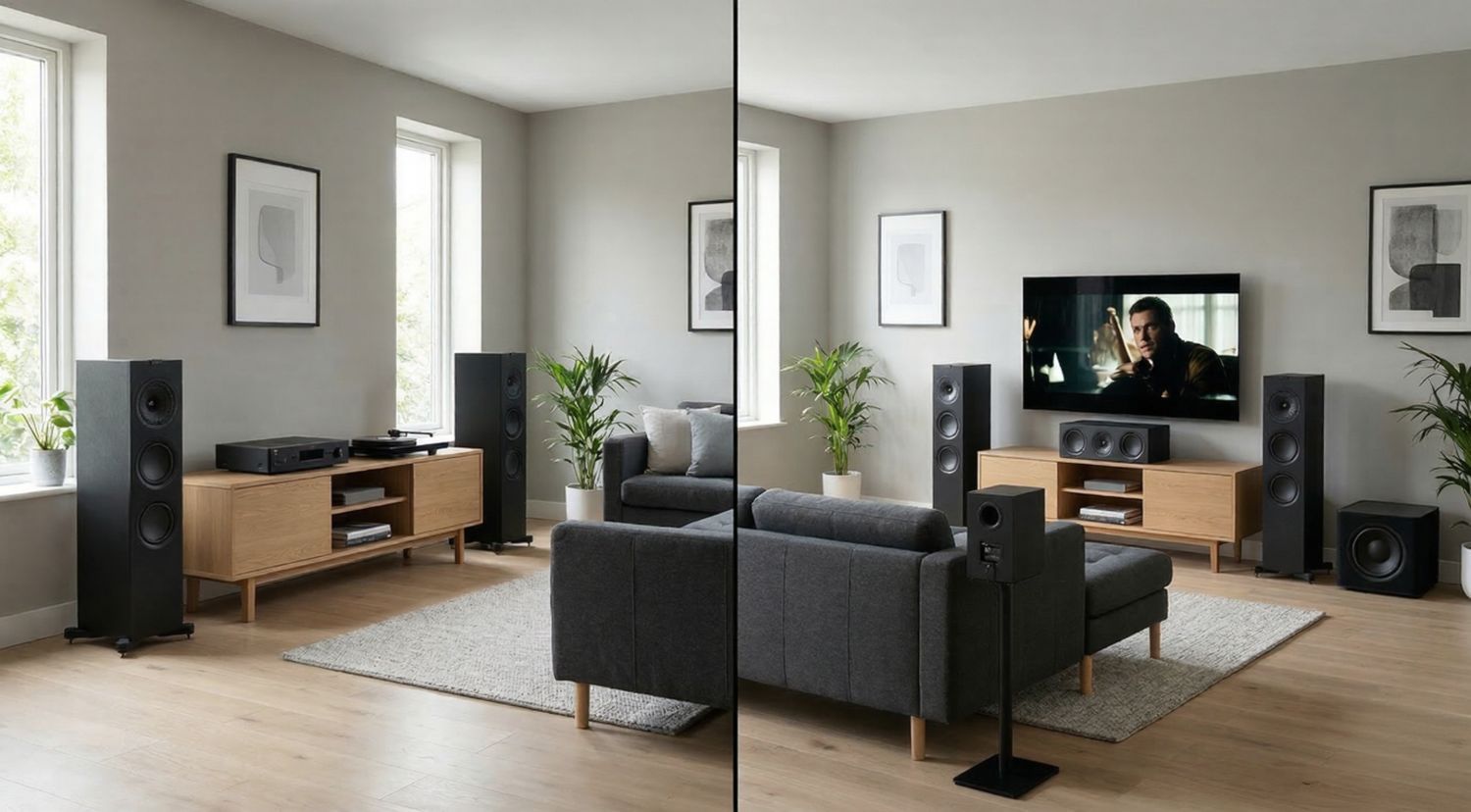 comparison between stereo speaker setup and surround sound home theater system