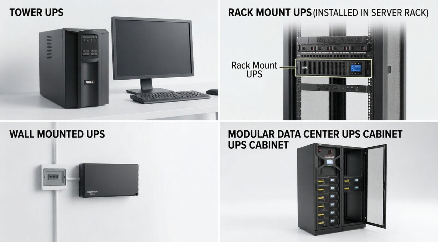 different UPS form factors including tower rack mount wall mount and modular systems