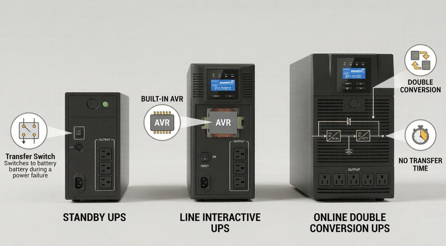 comparison of standby line interactive and online double conversion UPS systems