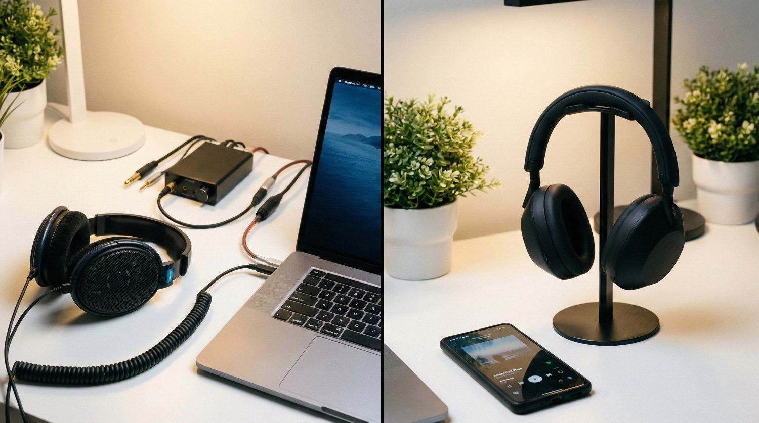 Comparison between wired and wireless headphones connected to devices