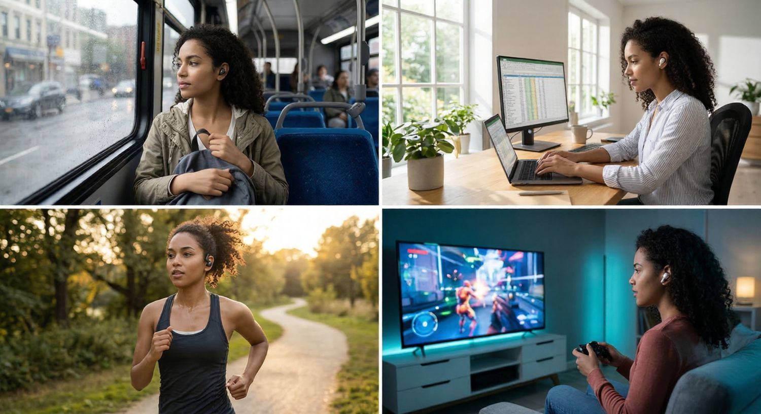 Different use cases of wireless earbuds including commuting, work, and exercise.