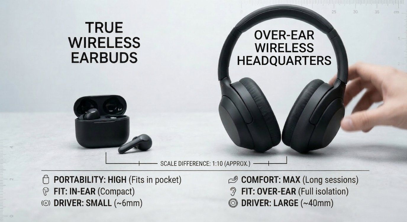 Comparison between wireless earbuds and wireless headphones.